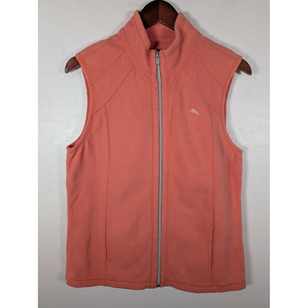 Tommy Bahama Sweater Womens Medium Pink Full Zip High Neck Knit‎ Vest Pockets